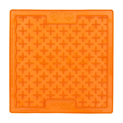 LickiMat Classic Buddy orange lick mat with cross maze design for thick treats, slow feeder mat for dogs and cats