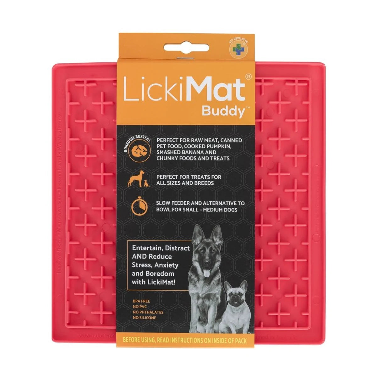 LickiMat Classic Buddy pink lick mat with retail packaging, cross maze enrichment mat for dogs and cats