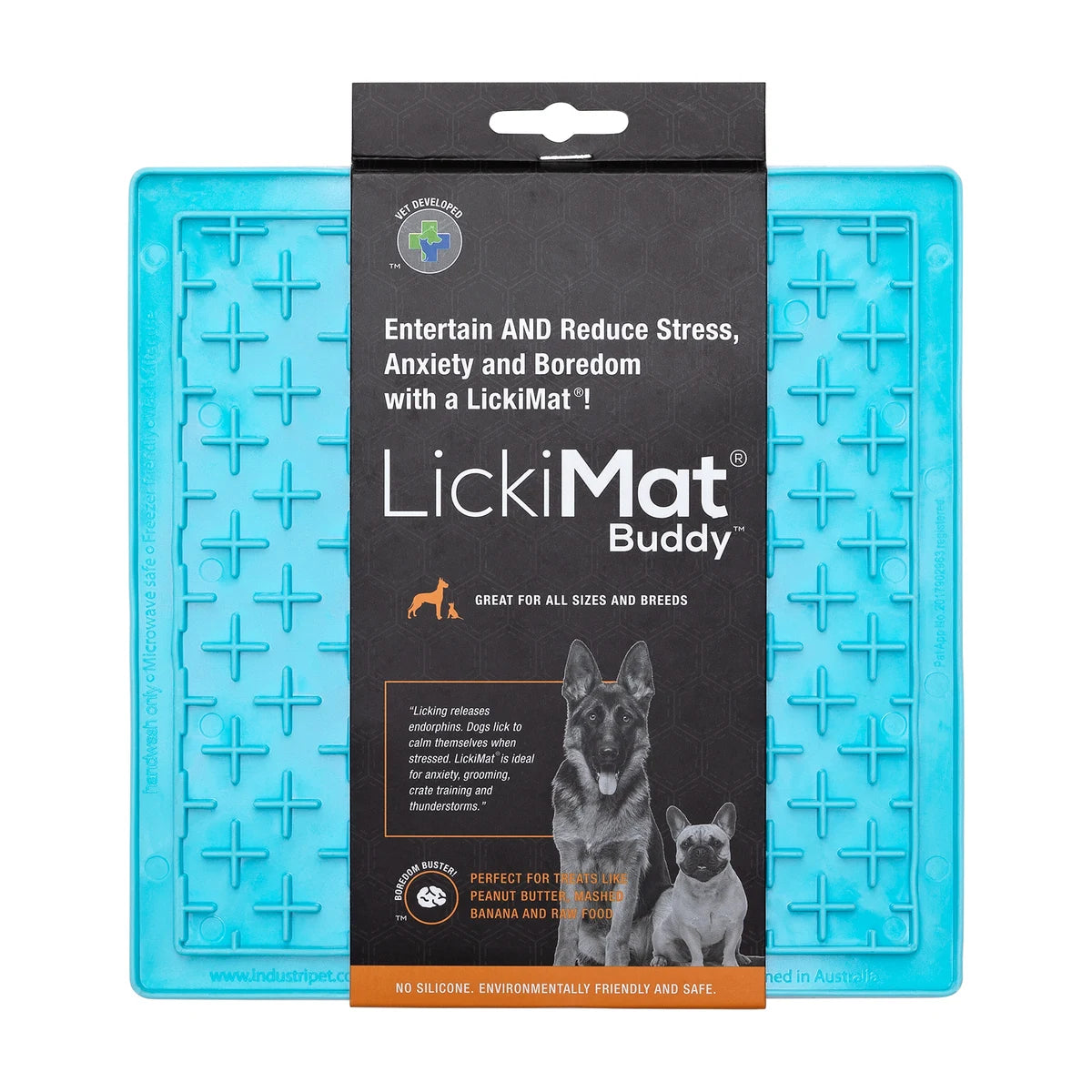 LickiMat Classic Buddy lick mat in turquoise shown with retail packaging, cross maze slow feeder for dogs and cats