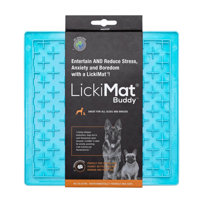 LickiMat Classic Buddy lick mat in turquoise shown with retail packaging, cross maze slow feeder for dogs and cats
