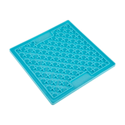 Angled view of turquoise LickiMat Classic Buddy cross maze lick mat, enrichment slow feeder for dogs and cats