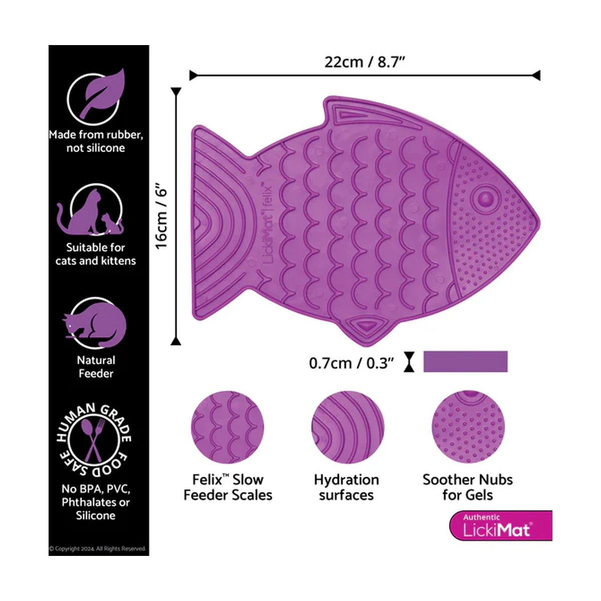LickiMat Felix cat slow feeder dimensions 22cm x 16cm purple
