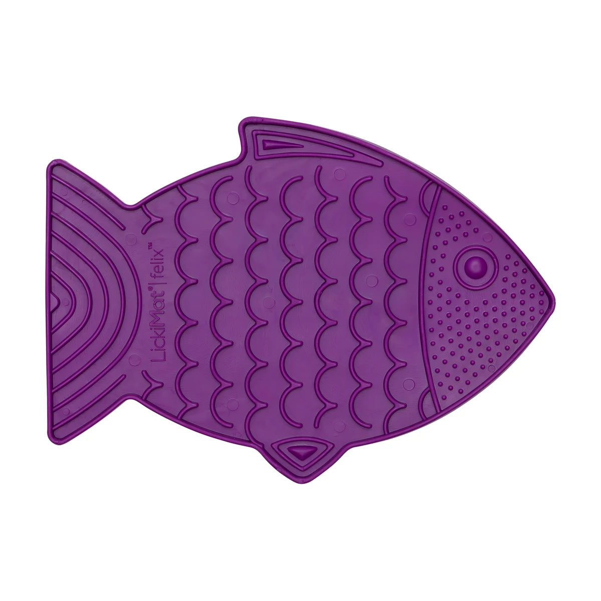 LickiMat Felix cat slow feeder fish mat in purple for wet food and treats
