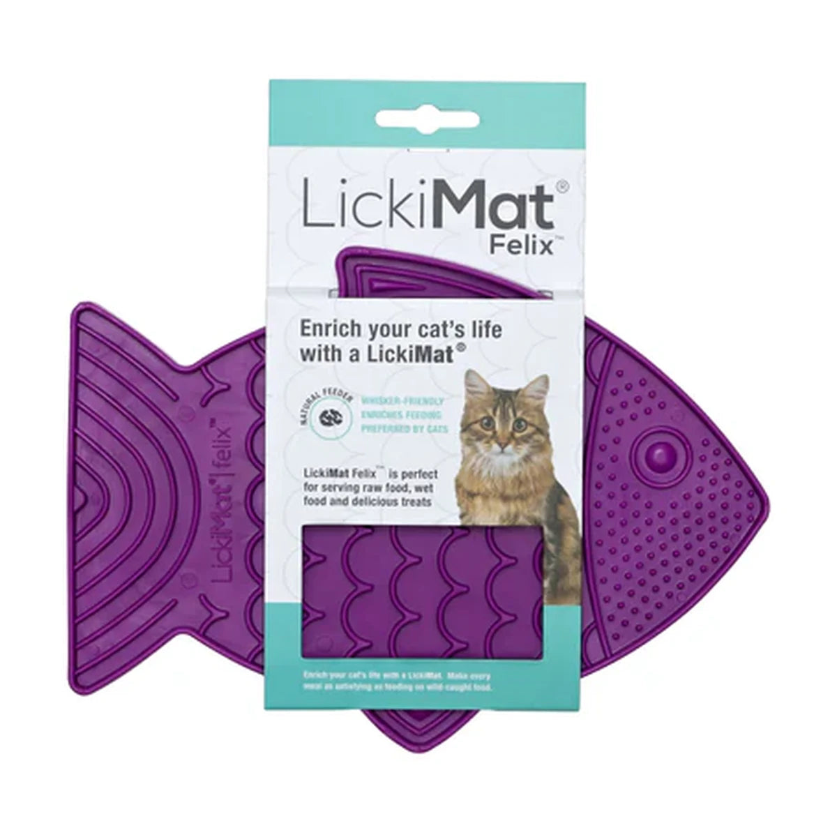 Authentic LickiMat Felix cat enrichment mat packaging showing fish shaped slow feeder