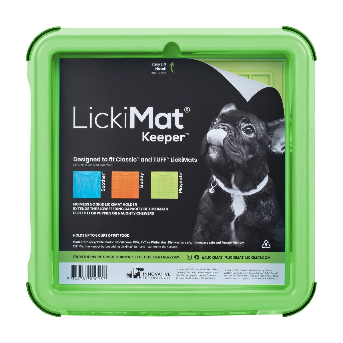 LickiMat Keeper with product label showing compatibility with Classic and TUFF lick mats