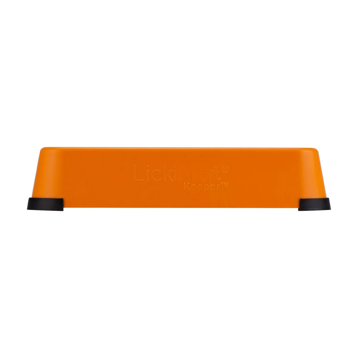 Side view of Orange LickiMat Keeper showing raised walls for extended feeding capacity and mess control