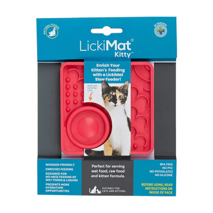 LickiMat Kitty Cat pink packaging showing whisker friendly slow feeder for kittens and small cats