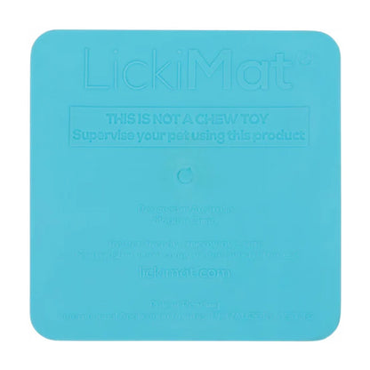 Back of LickiMat Kitty Cat turquoise showing authentic branding and care message