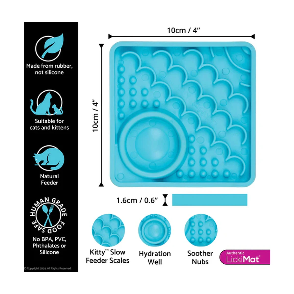 LickiMat Kitty Cat size guide showing 10cm feeding mat with hydration well and thickness