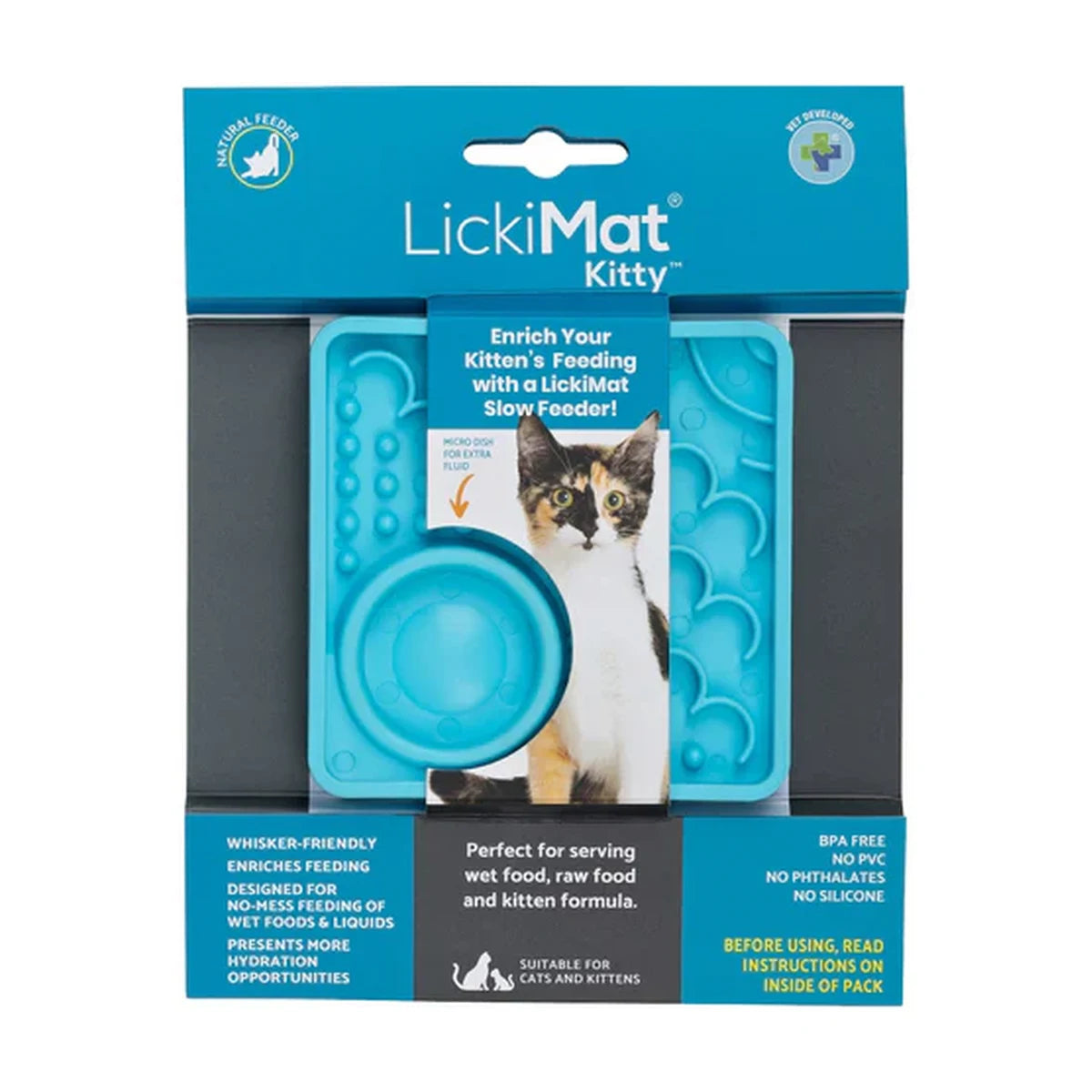 LickiMat Kitty Cat turquoise packaging showing whisker friendly kitten slow feeder design
