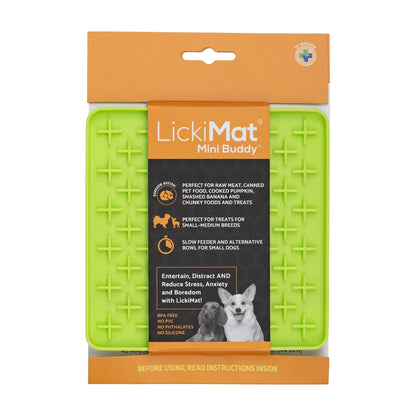 LickiMat Mini Buddy green in retail packaging, boredom buster slow feeder lick mat for pets