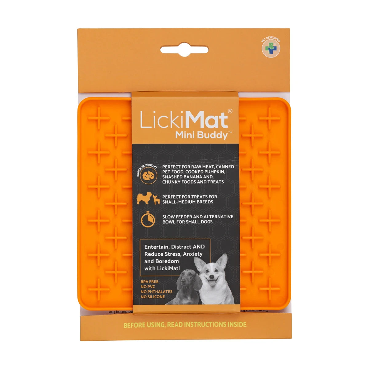 LickiMat Mini Buddy orange in retail packaging, calming licking mat slow feeder for dogs and cats
