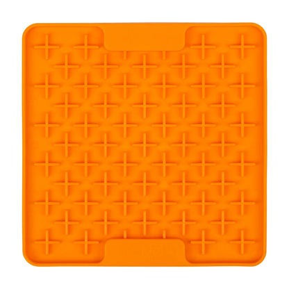 LickiMat Mini Buddy orange slow feeder lick mat for dogs and cats, cross pattern licking enrichment mat