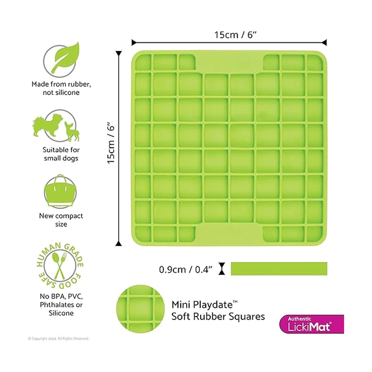 LickiMat Mini Playdate green lick mat dimensions showing 15cm size and thickness