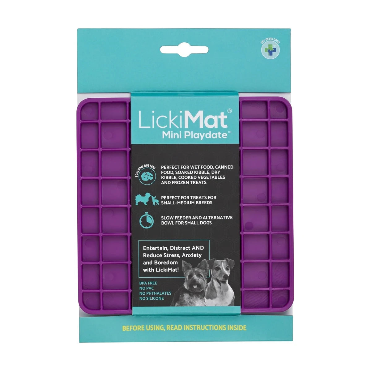LickiMat Mini Playdate slow feeder lick mat for dogs and cats in retail packaging, Purple colour option