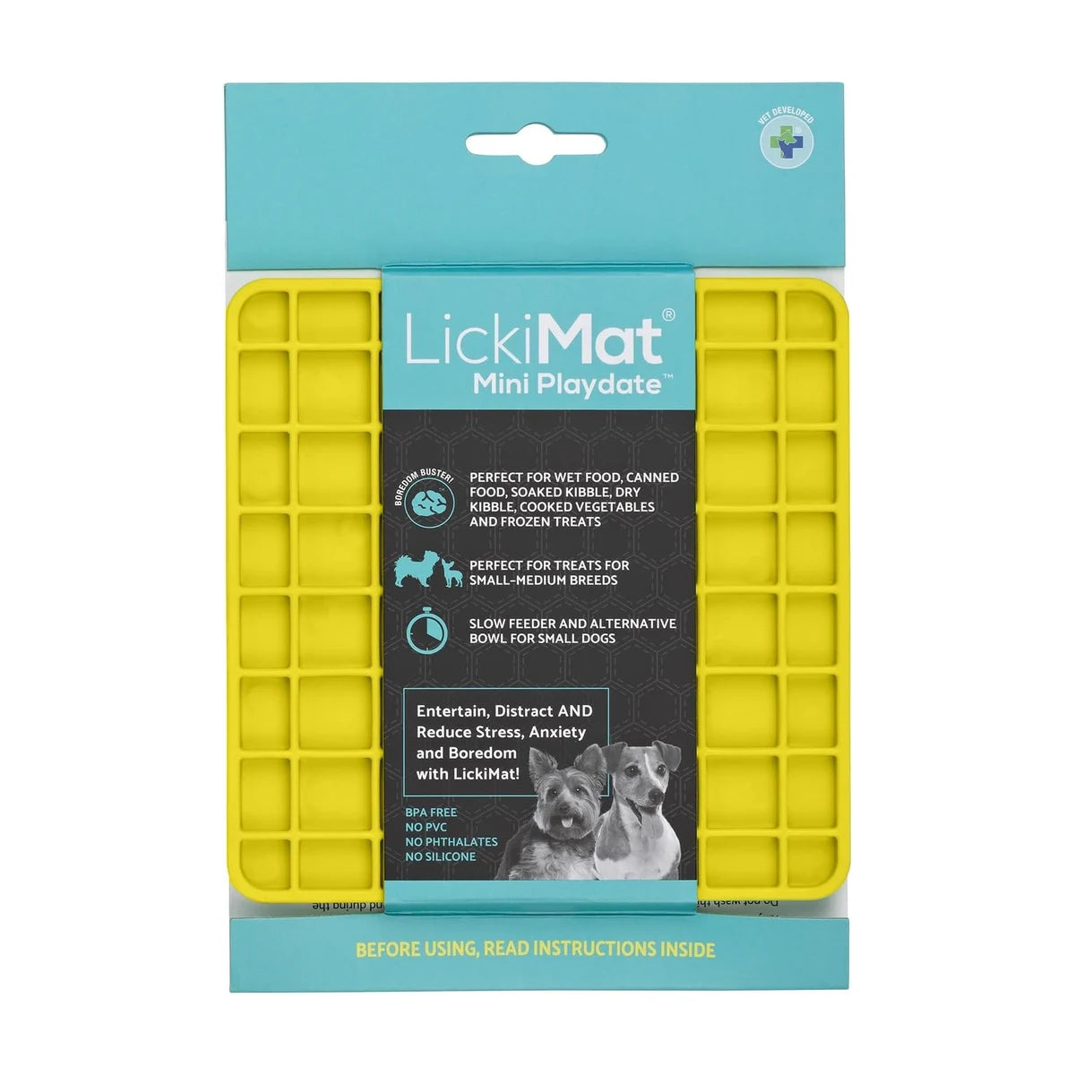 LickiMat Mini Playdate slow feeder lick mat for dogs and cats in retail packaging, Yellow colour option