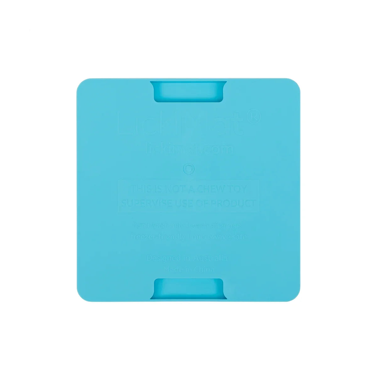 Back view of LickiMat Mini Soother turquoise 15cm showing flat base for grip on smooth surfaces