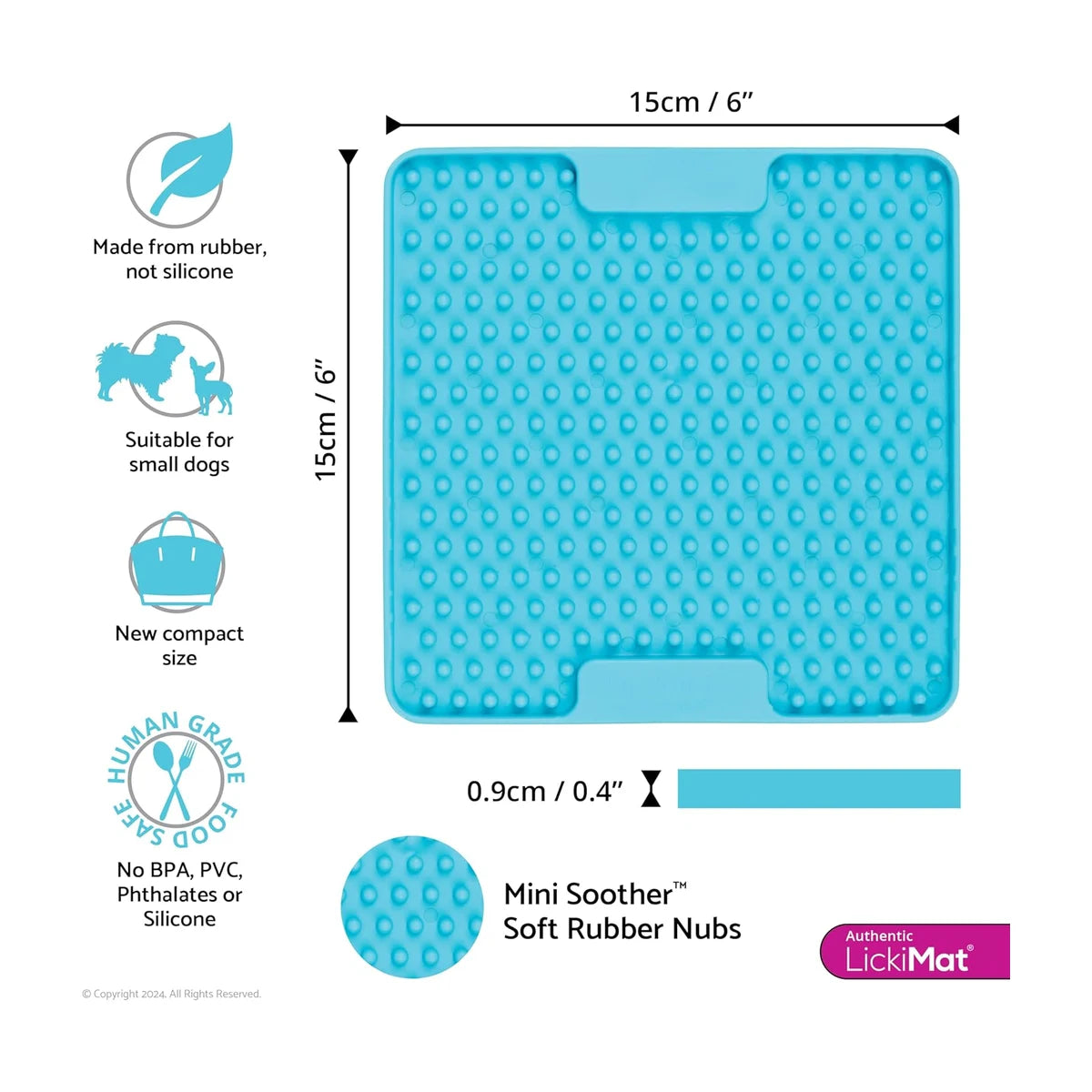 LickiMat Mini Soother 15cm size guide showing dimensions thickness and mini soother textured rubber surface