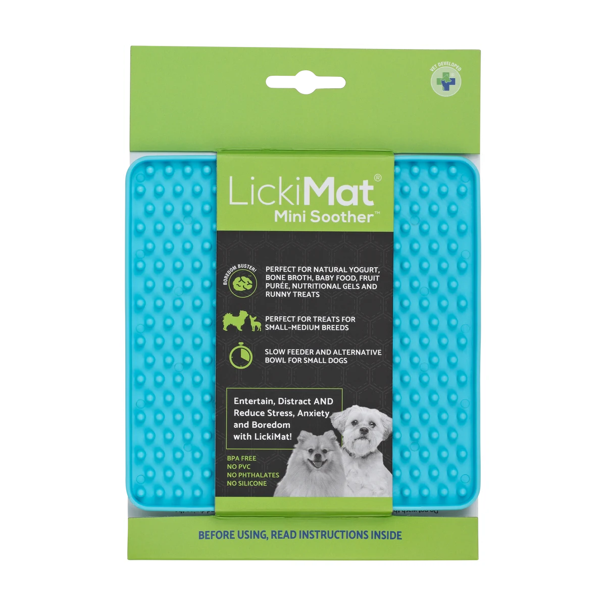 LickiMat Mini Soother turquoise packaging showing calming slow feeder lick mat for small dogs