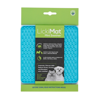 LickiMat Mini Soother turquoise packaging showing calming slow feeder lick mat for small dogs