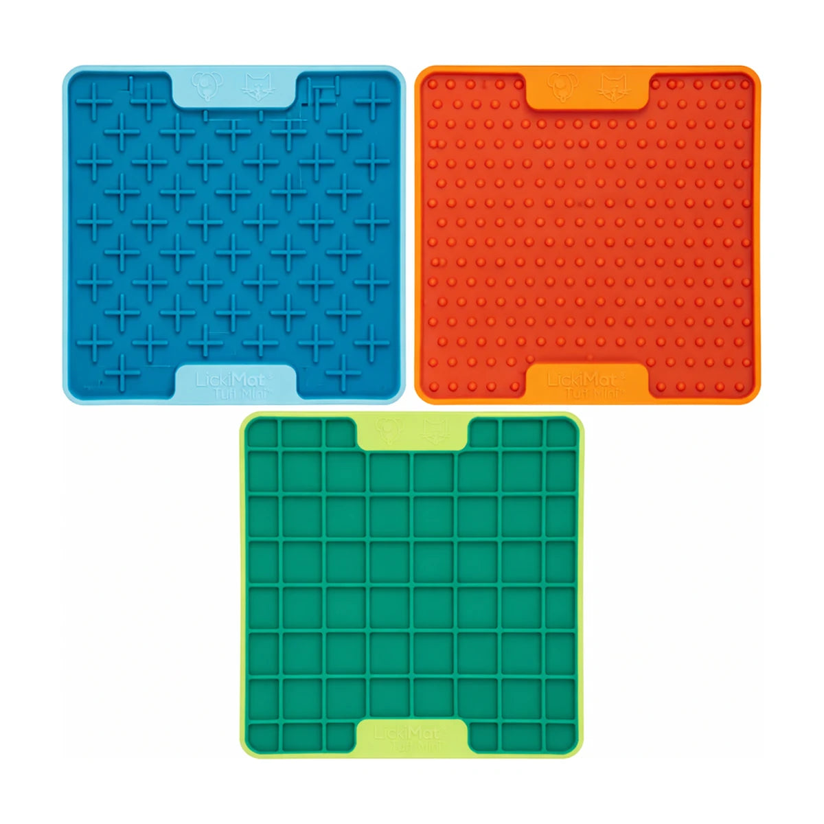LickiMat Mini TUFF 3 pack bundle showing Buddy cross maze, Playdate square pockets and Soother soft nubs textures, premium enrichment lick mats for calmer licking, slower feeding and boredom relief for dogs and cats.