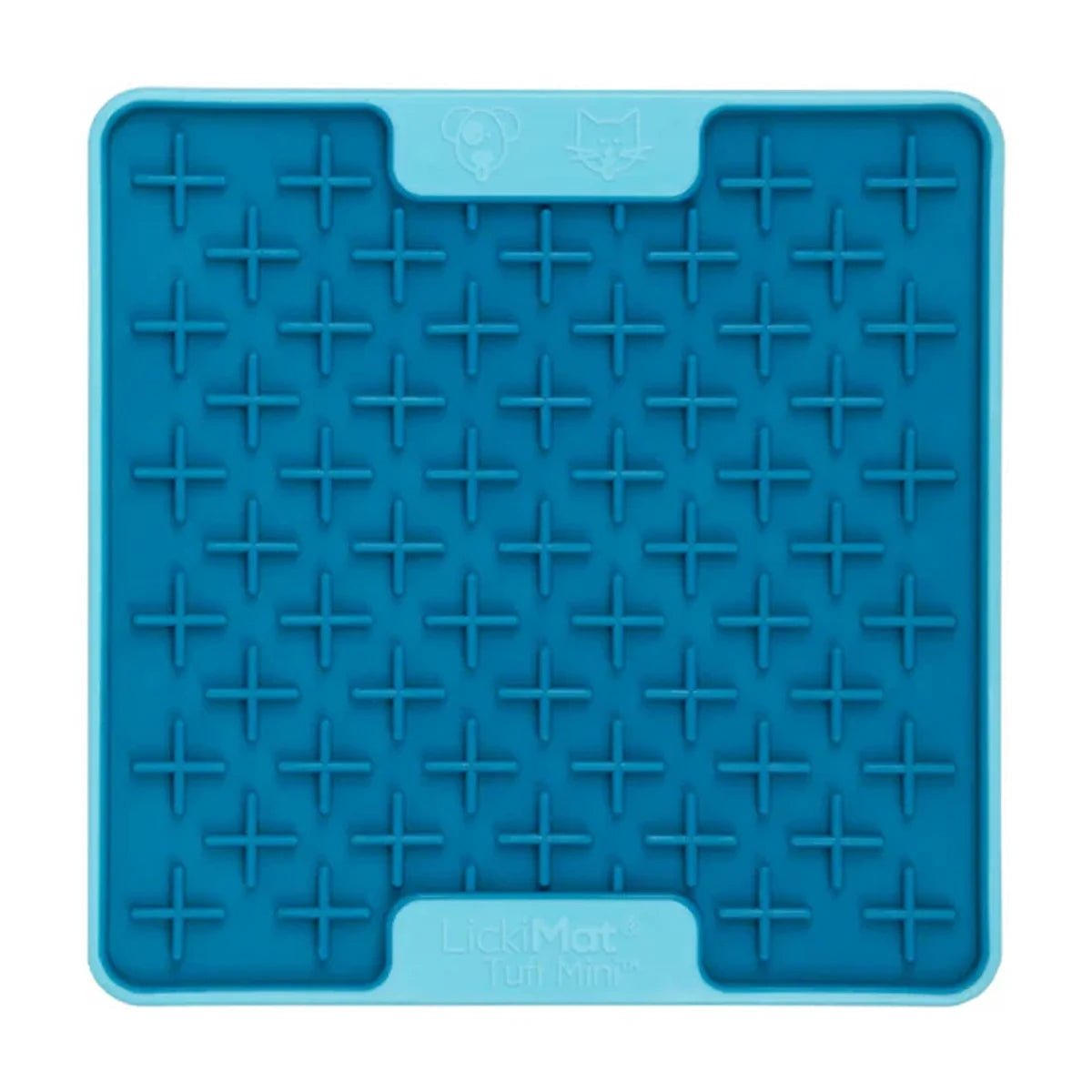 Turquoise LickiMat Mini TUFF Buddy with cross maze texture for thick sticky treats like peanut butter, mashed banana, pate and raw food, chew resistant slow feeder lick mat for dogs and cats.
