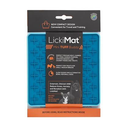 Authentic LickiMat Mini TUFF Buddy packaging showing the turquoise mat and product details.