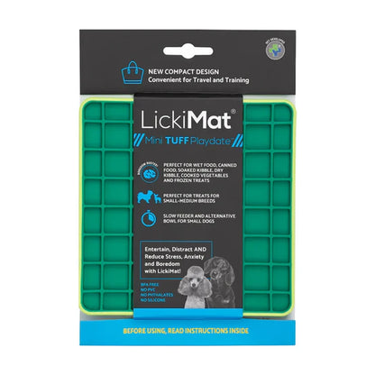 Authentic LickiMat Mini TUFF Playdate packaging showing the green mat and product details