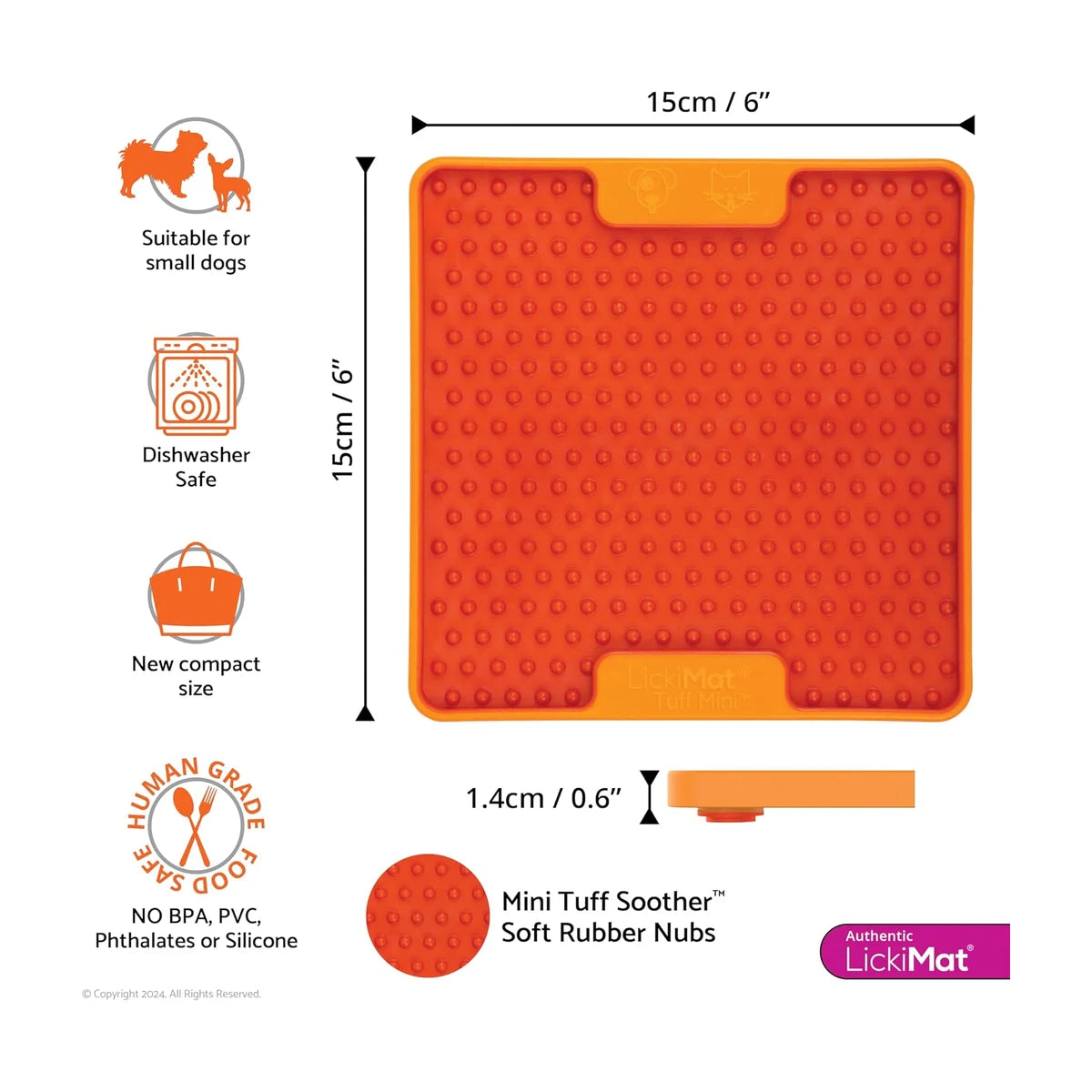 LickiMat Mini TUFF Soother size guide showing approx 15cm x 15cm and 1.4cm thickness plus dishwasher safe details.