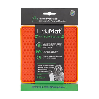 Authentic LickiMat Mini TUFF Soother packaging showing the orange mat and product details