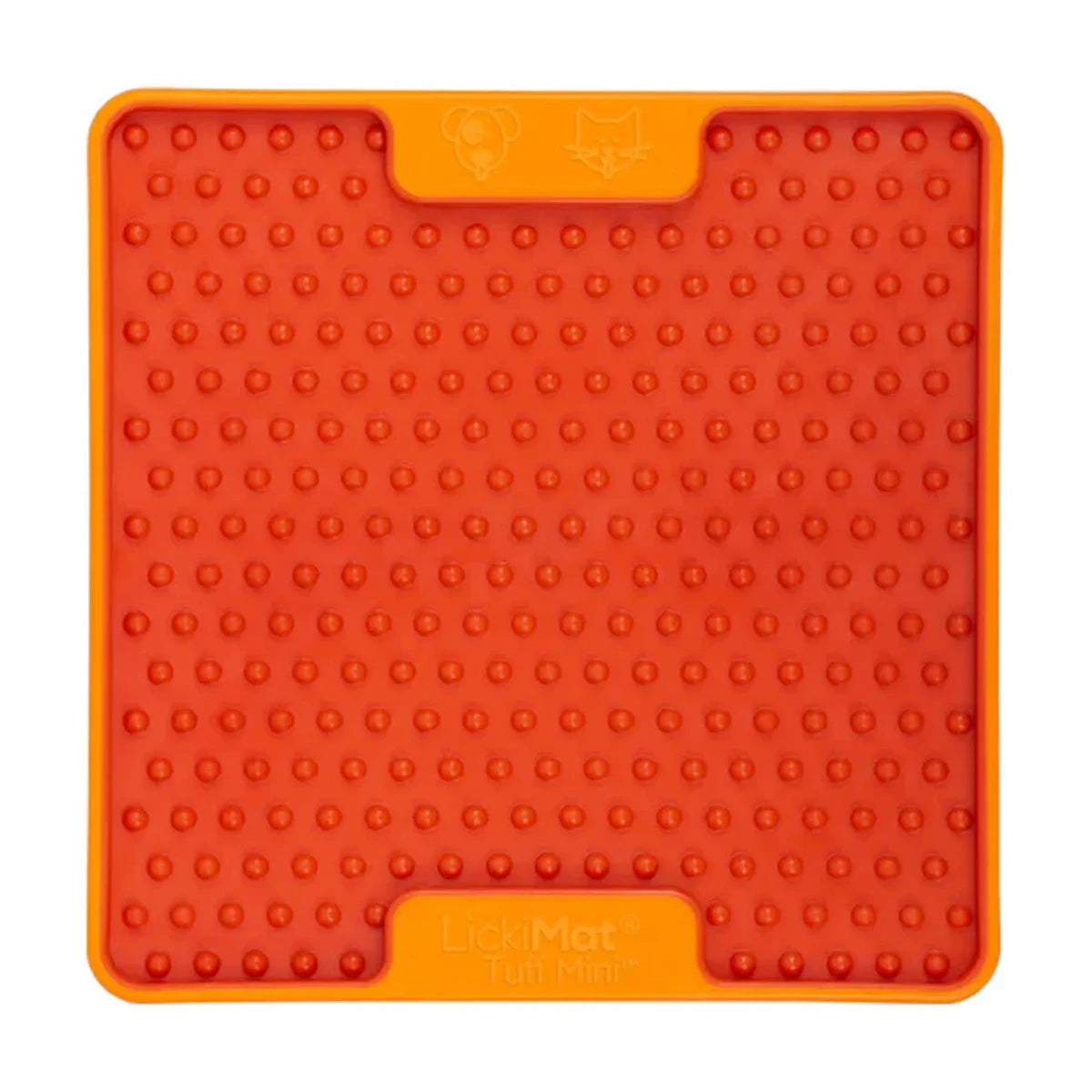 Orange LickiMat Mini TUFF Soother with soft nubs texture for runnier treats like yogurt, broth, puree and wet food, calming enrichment lick mat that slows feeding for dogs and cats.
