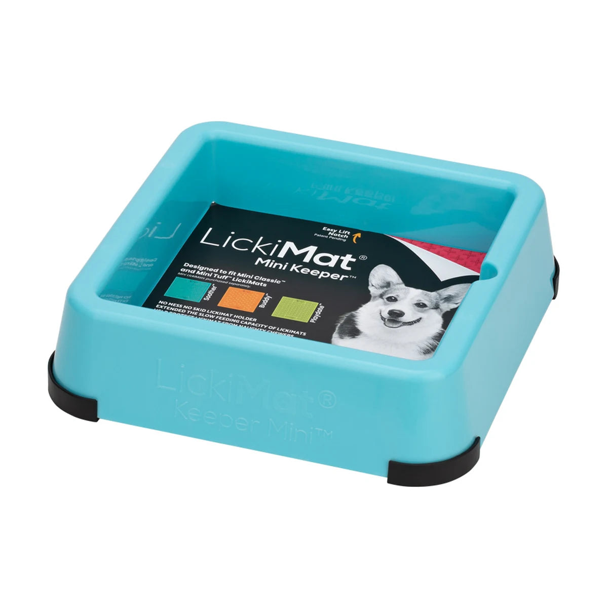 Authentic LickiMat Mini Keeper packaging shown in turquoise holder, angled view