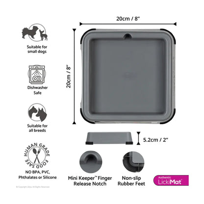 LickiMat Mini Keeper dimensions 20 x 20 x 5 cm with features and dishwasher safe note