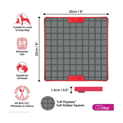 LickiMat Playdate TUFF size guide showing 20cm square and 1.4cm thickness
