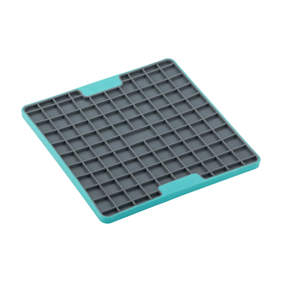 Angled view of turquoise LickiMat Playdate TUFF enrichment mat with square texture