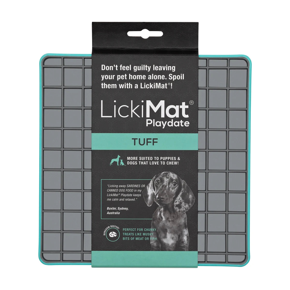 Authentic LickiMat Playdate TUFF packaging on turquoise Playdate mat