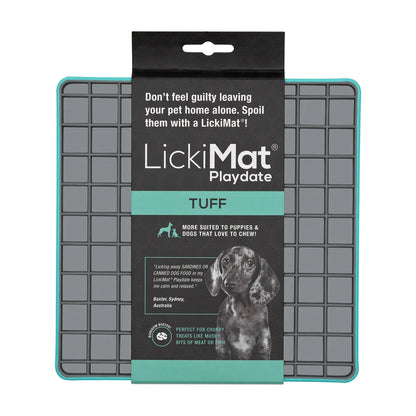 Authentic LickiMat Playdate TUFF packaging on turquoise Playdate mat