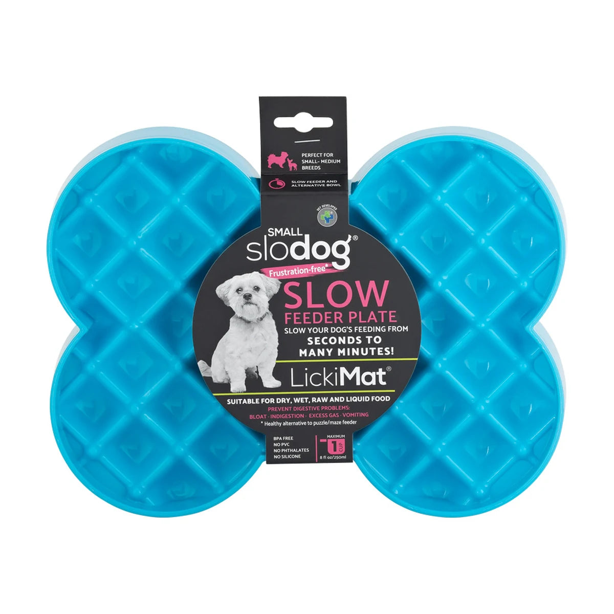 LickiMat SloDog Small slow feeder plate turquoise front label for small dogs and puppies