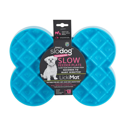 LickiMat SloDog Small slow feeder plate turquoise front label for small dogs and puppies