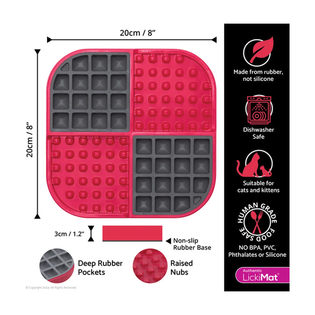 LickiMat Slomo Cat size guide showing 20cm x 20cm dimensions and dual texture feeding zones