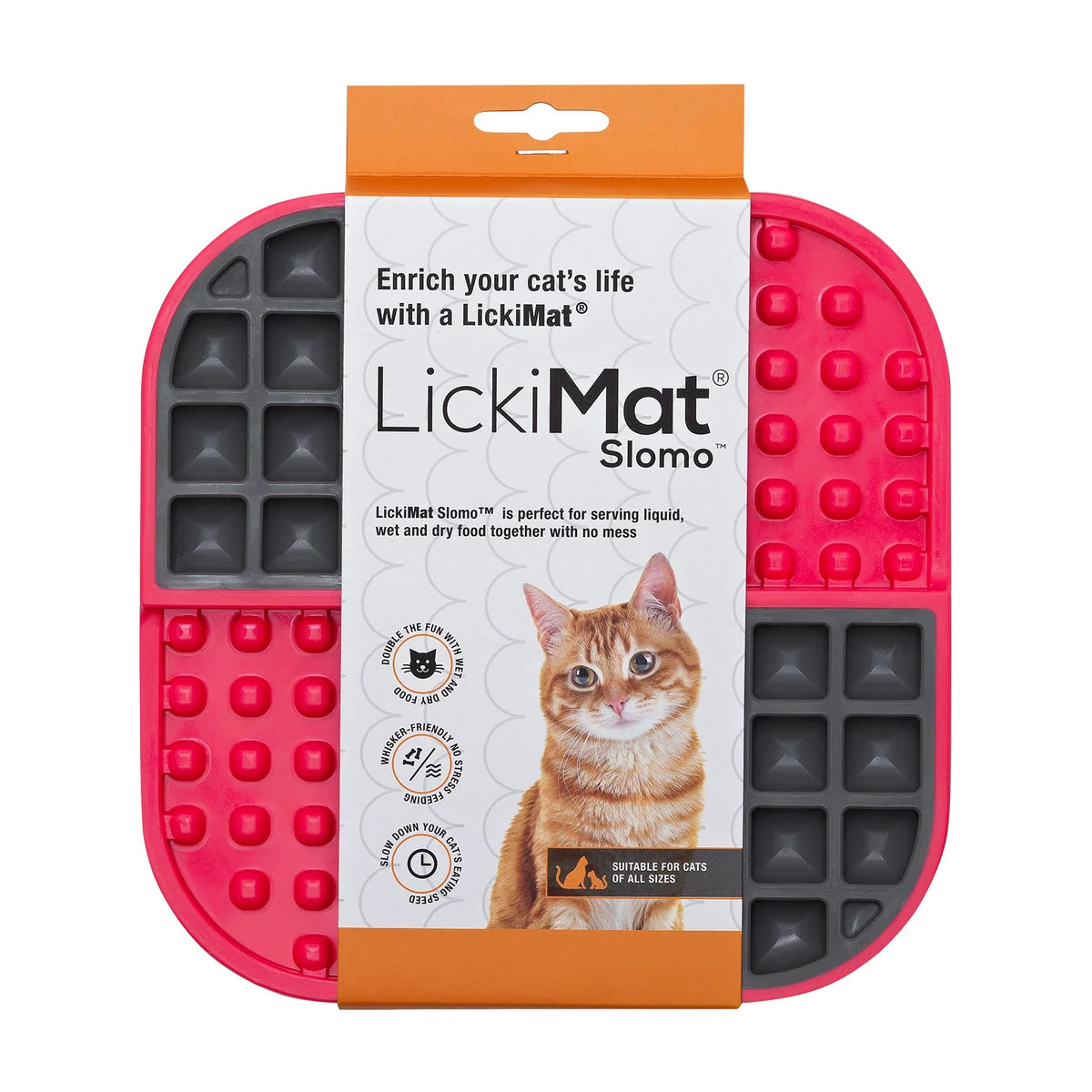 Authentic LickiMat Slomo Cat pink packaging showing whisker friendly slow feeding design for cats