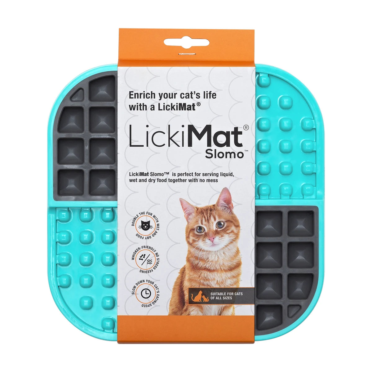 Authentic LickiMat Slomo Cat turquoise packaging showing dual texture slow feeding design for cats