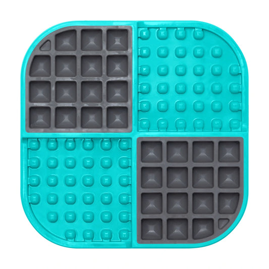 LickiMat Slomo Cat slow feeder mat in turquoise with dual wet and dry feeding sections