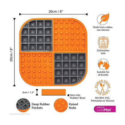 LickiMat SloMo dog slow feeder dimensions 20cm x 20cm with deep rubber pockets raised nubs and non slip base