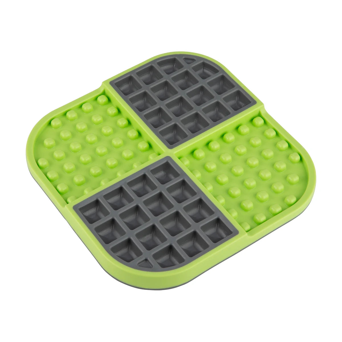 Green LickiMat SloMo dog slow feeder mat angled view showing textured rubber nubs and food pockets