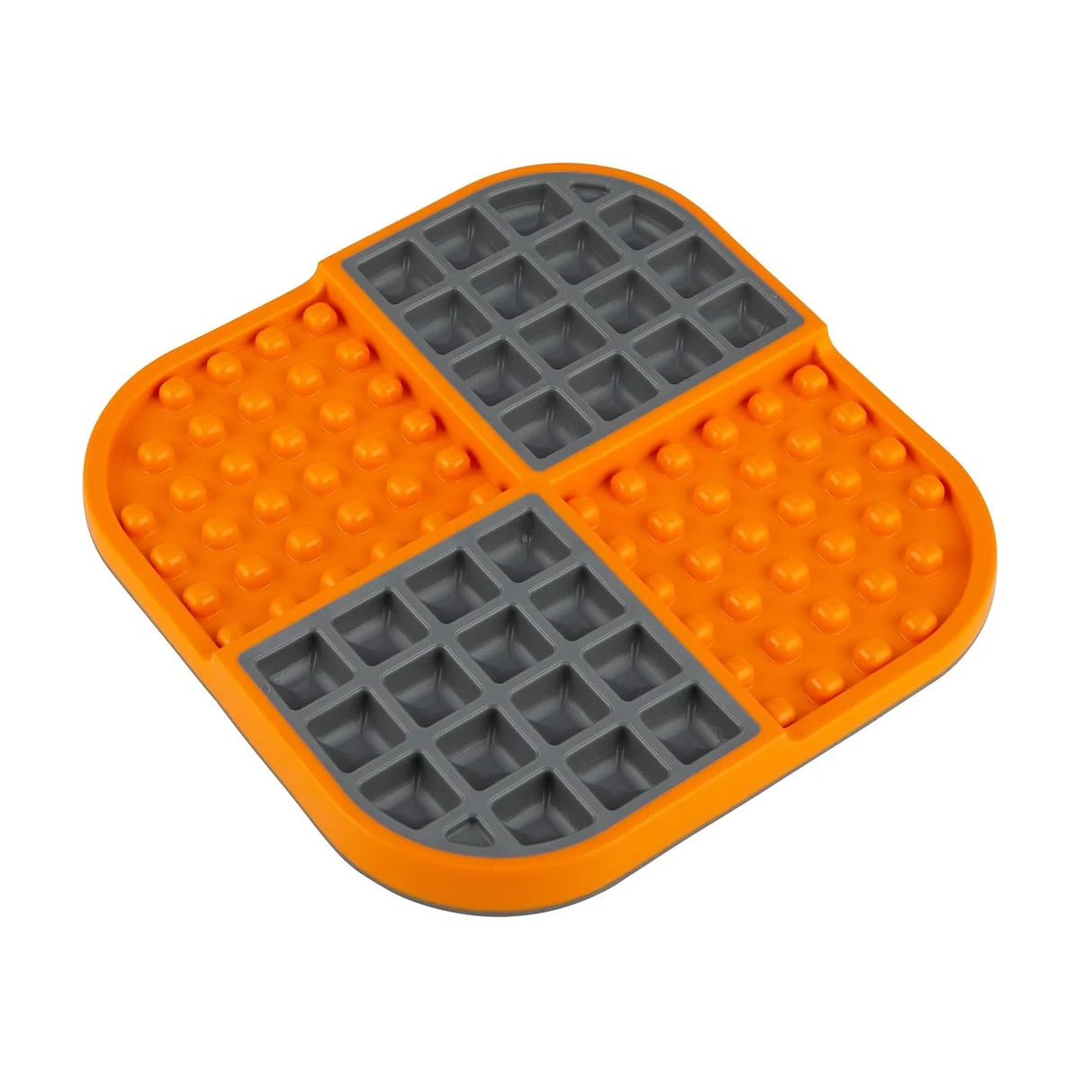 Orange LickiMat SloMo dog slow feeder mat angled view with deep pockets for wet and dry food