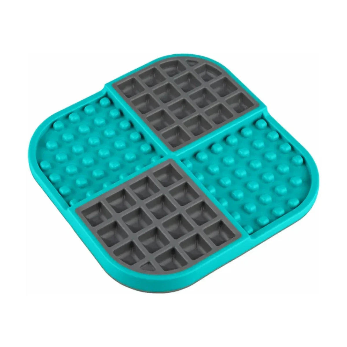 Turquoise LickiMat SloMo dog slow feeder mat angled view with deep pockets and raised nubs