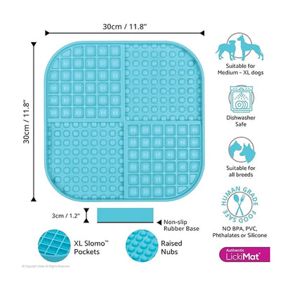 LickiMat Slomo XL turquoise dimensions 30cm x 30cm x 3cm dishwasher safe non slip base infographic
