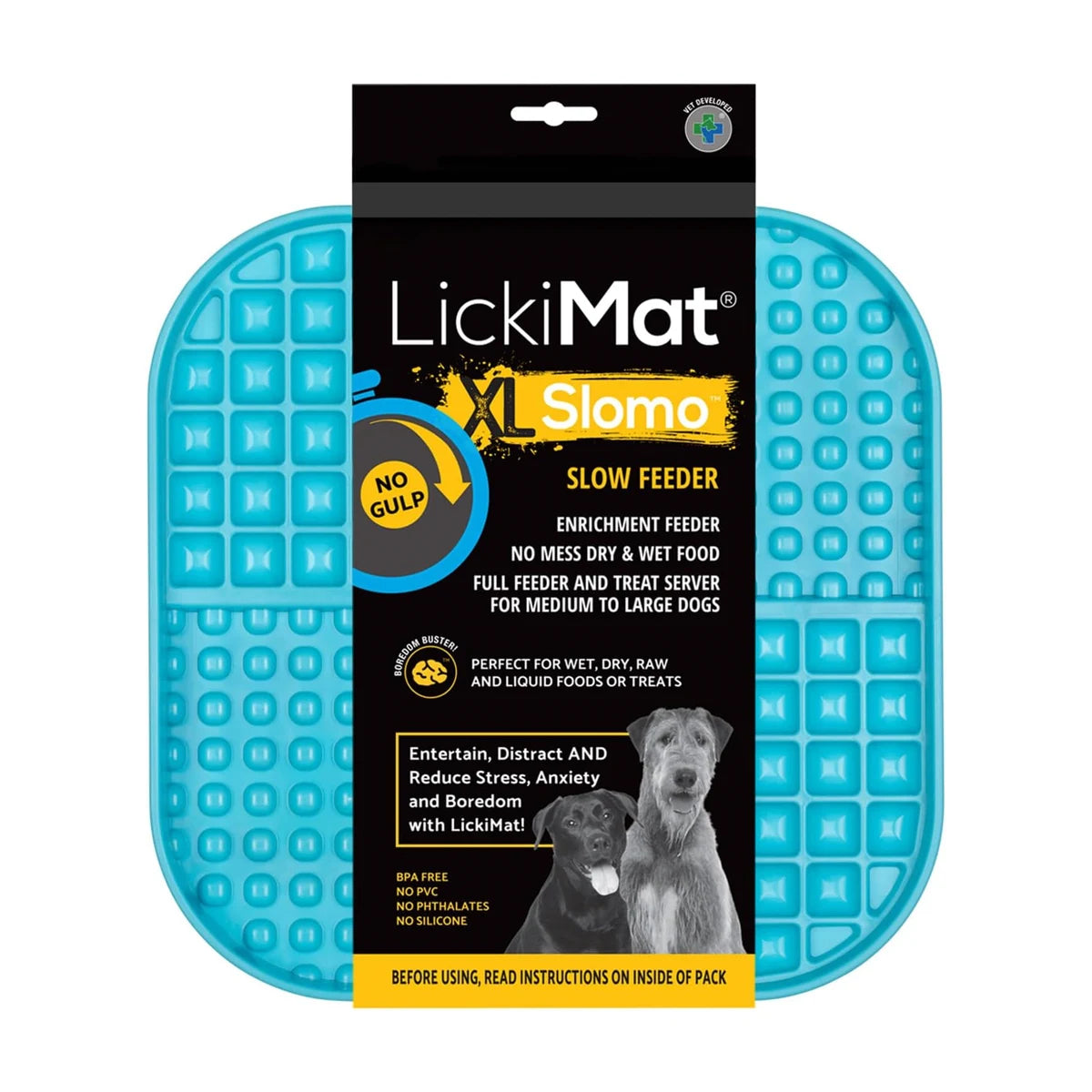 Authentic LickiMat Slomo XL turquoise packaging showing product name and benefits