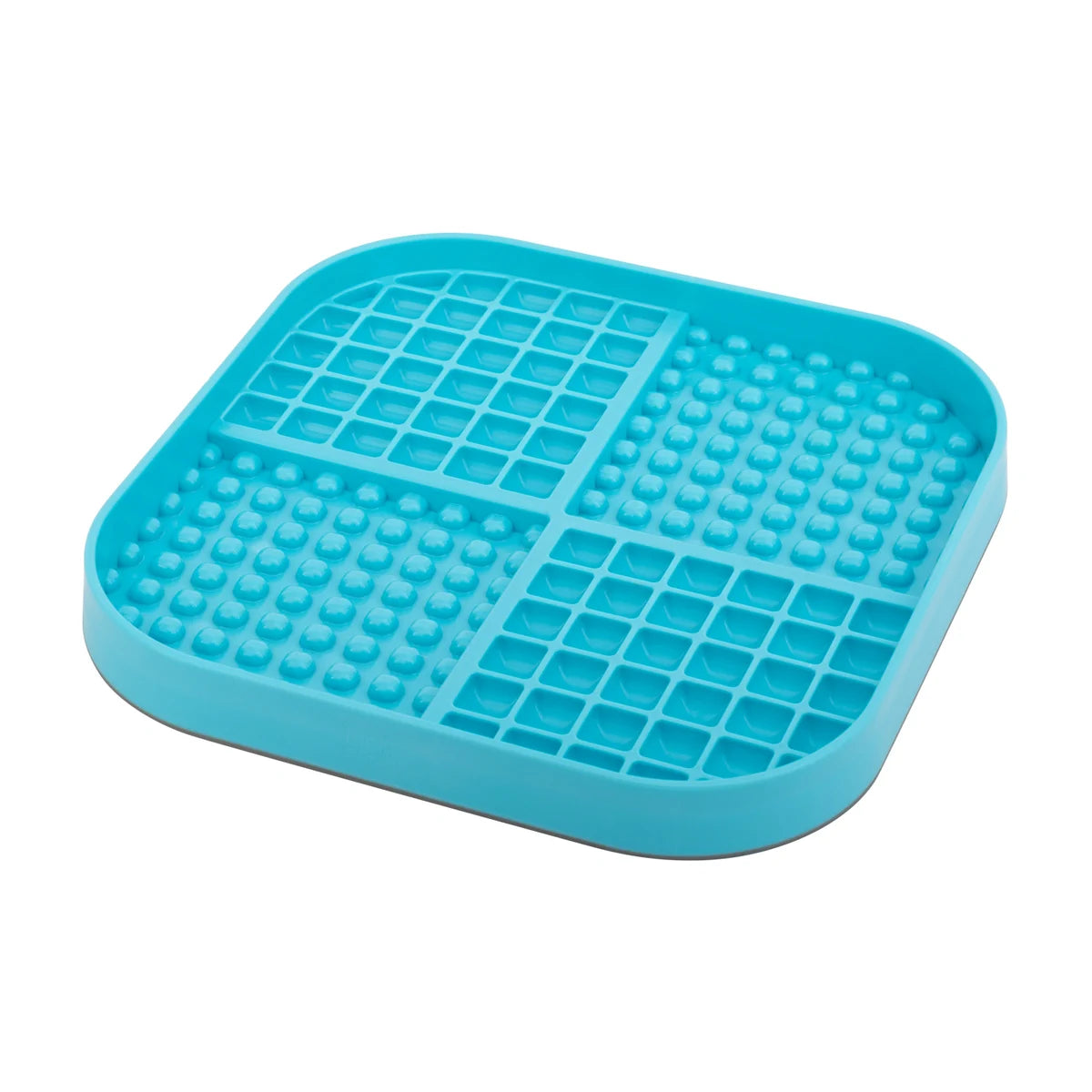 LickiMat Slomo XL turquoise slow feeder dog mat angled view with pockets and nubs